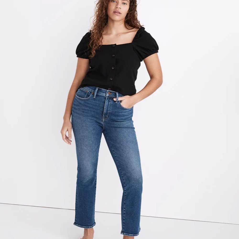 Madewell Cali demi-bootcut, size 30 (last season). Button fly, distressed @knees
